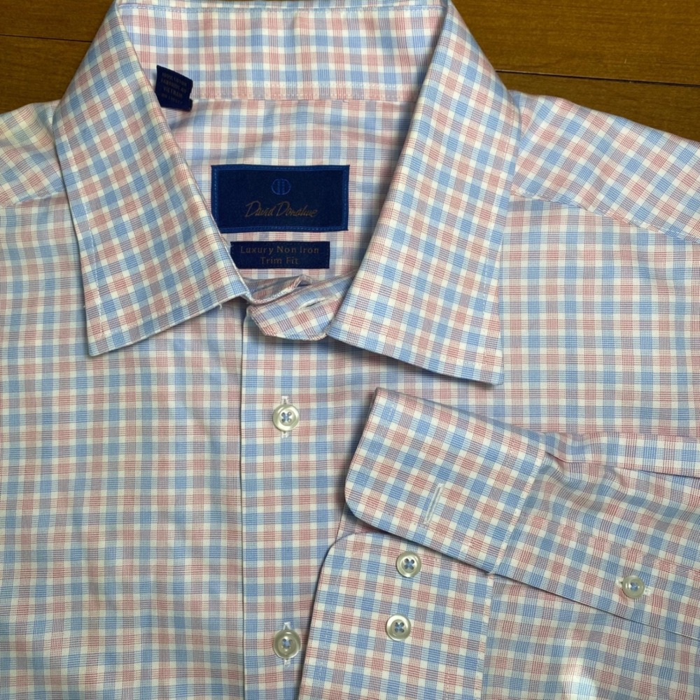 David Donahue Mens Luxury Non Iron Trim Fit Plaid Dress Shirt Cotton 17 36/37